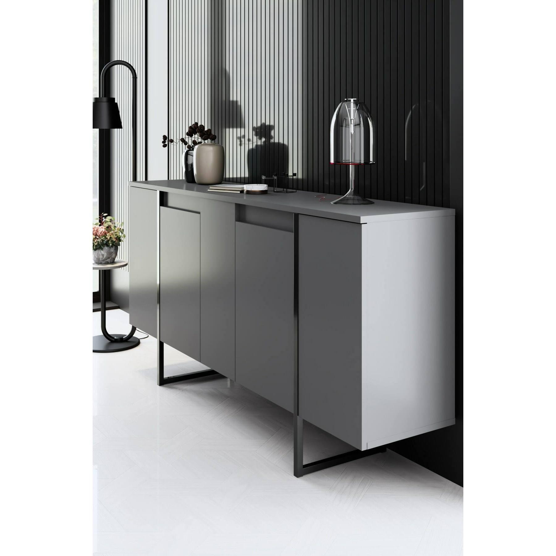 Credenza Dgarzitt, Buffet da soggiorno, Madia da salotto, Dispensa da cucina, 160x35h80 cm, Antracite e Nero