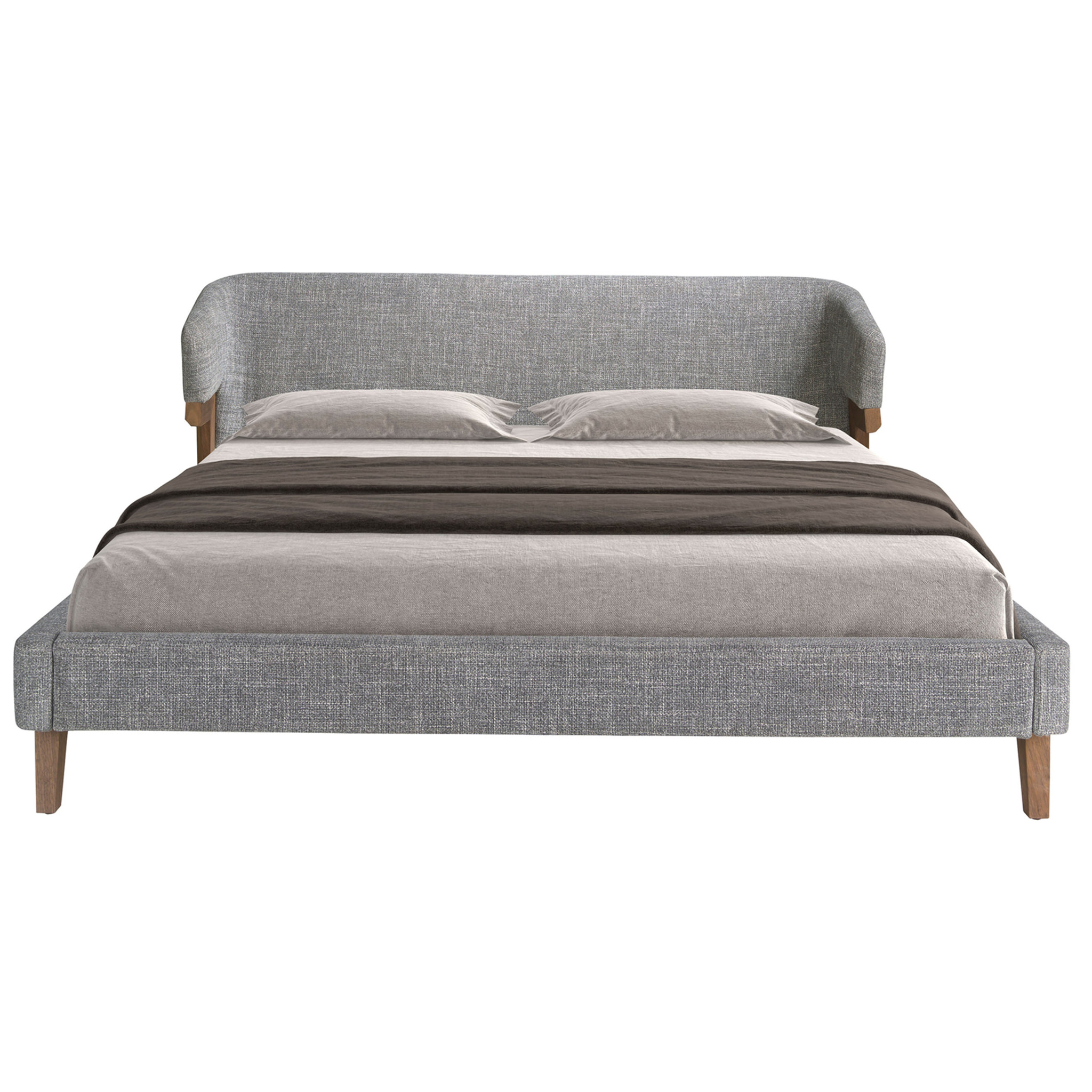 Cama de matrimonio en tela gris y patas de madera chapada en nogal natural 211x220x95cm