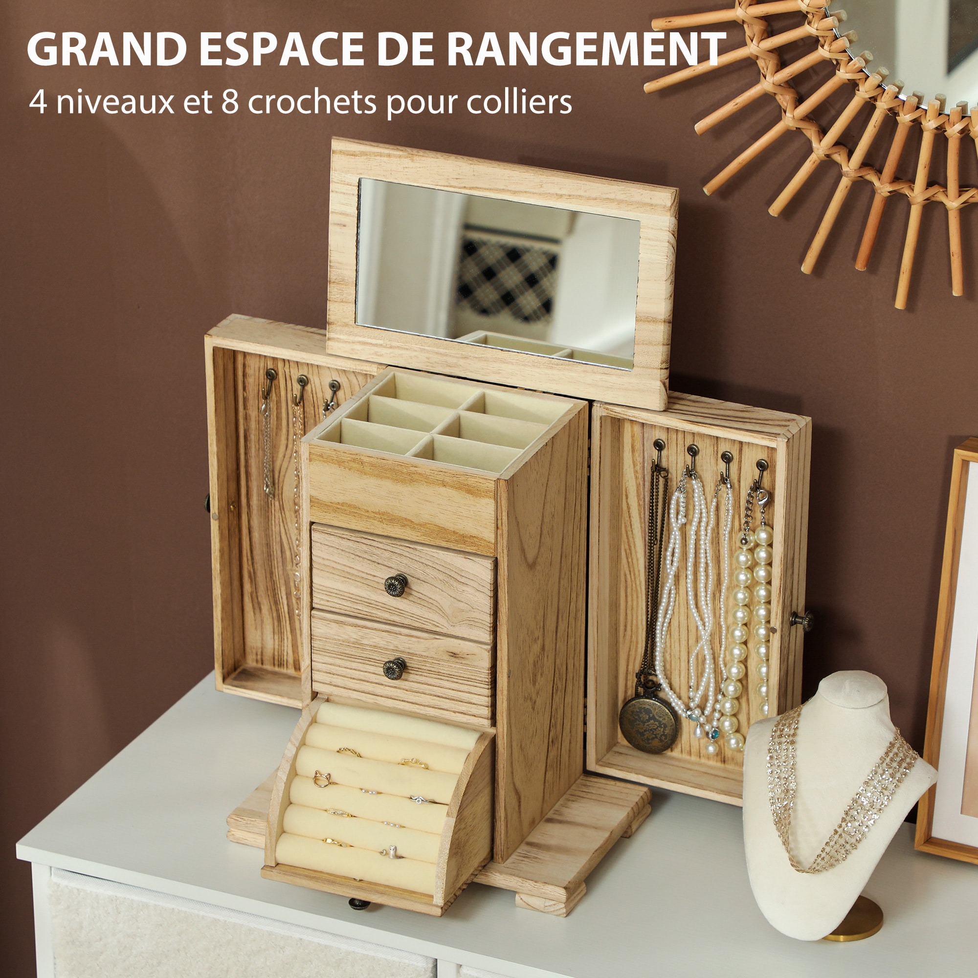 Armoire à bijoux bois style naturel poignées bouton effet bronze antique miroir