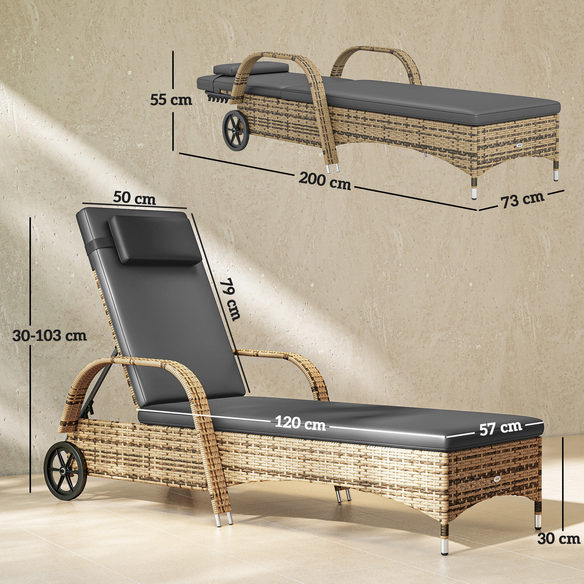 Transat bain de soleil grand confort : matelas, têtière, inclinaison réglable multipositions, accoudoirs, roulettes résine tressée beige