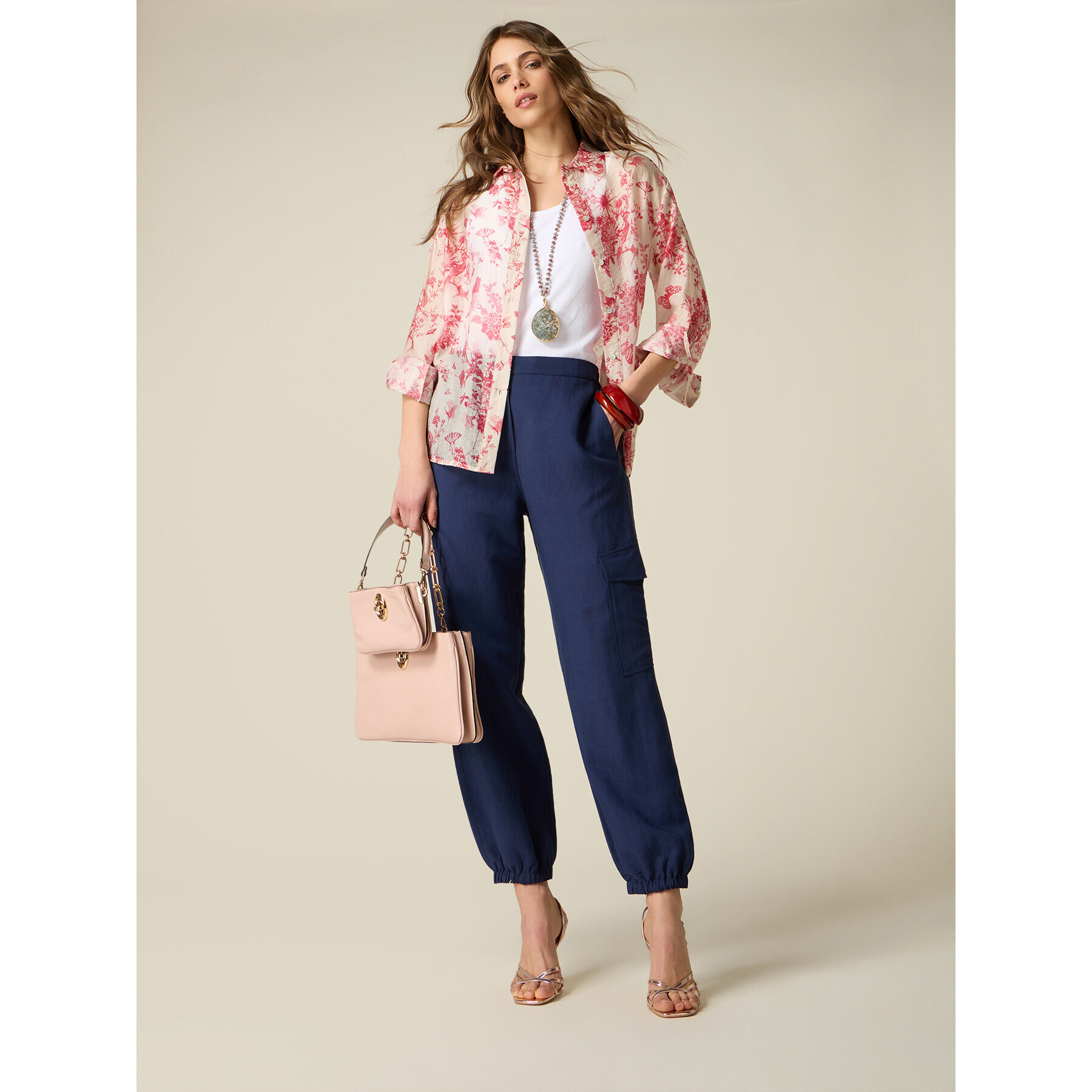 Oltre - Pantalones cargo de lino/viscosa - Azul