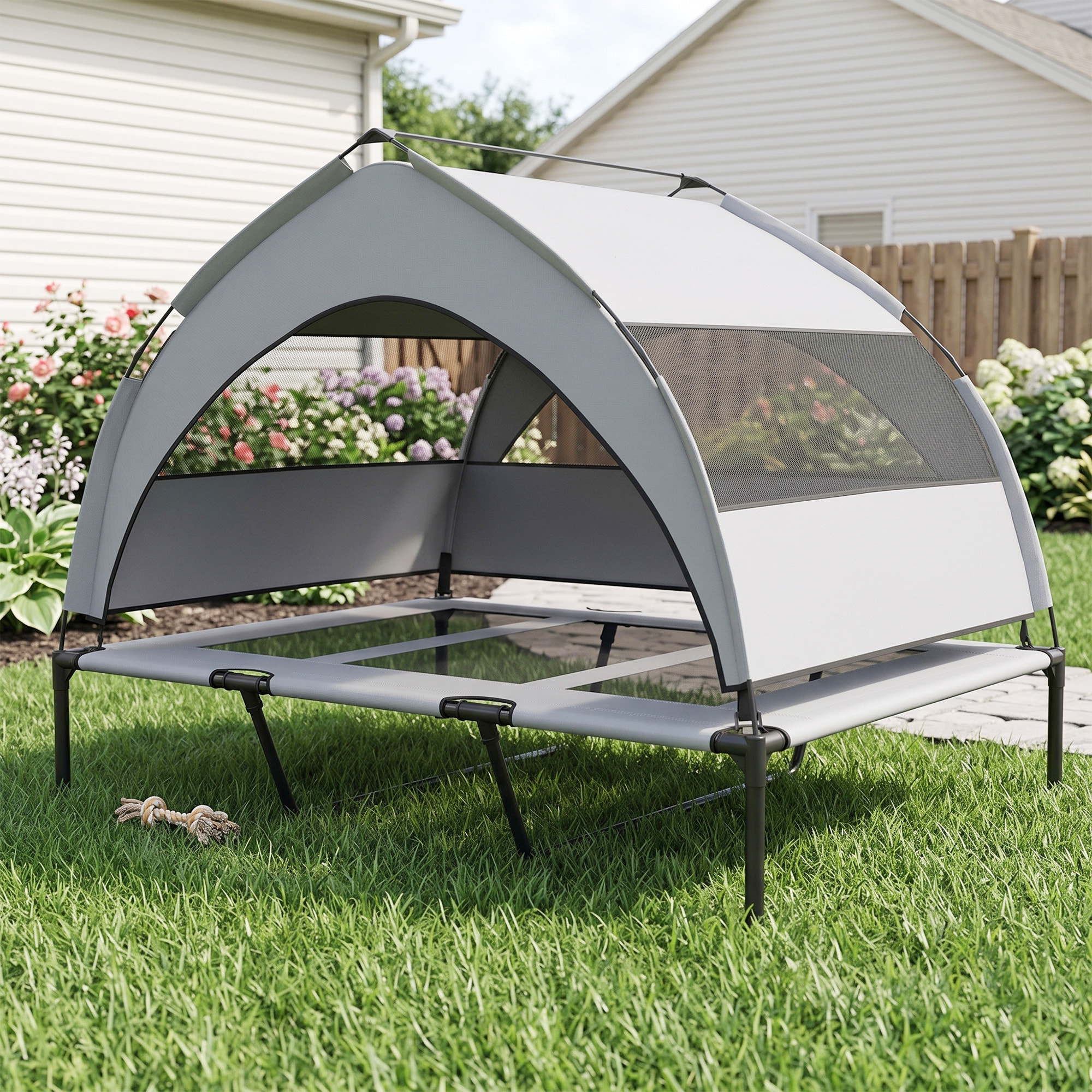 Lit pour chien sur pieds grande taille XXL avec auvent gris