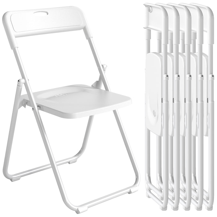 Juego de 6 Sillas Plegables de Plástico, Estructura de Acero, Sillas de Comedor con Respaldo Curvo, Asiento Cóncavo, para Espacios Pequeños, Salón, Oficina, Cocina, Blanco