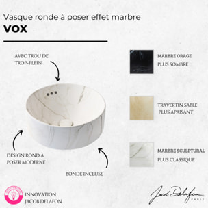 Vasque ronde à poser Vox marbre blanc sculptural + bonde