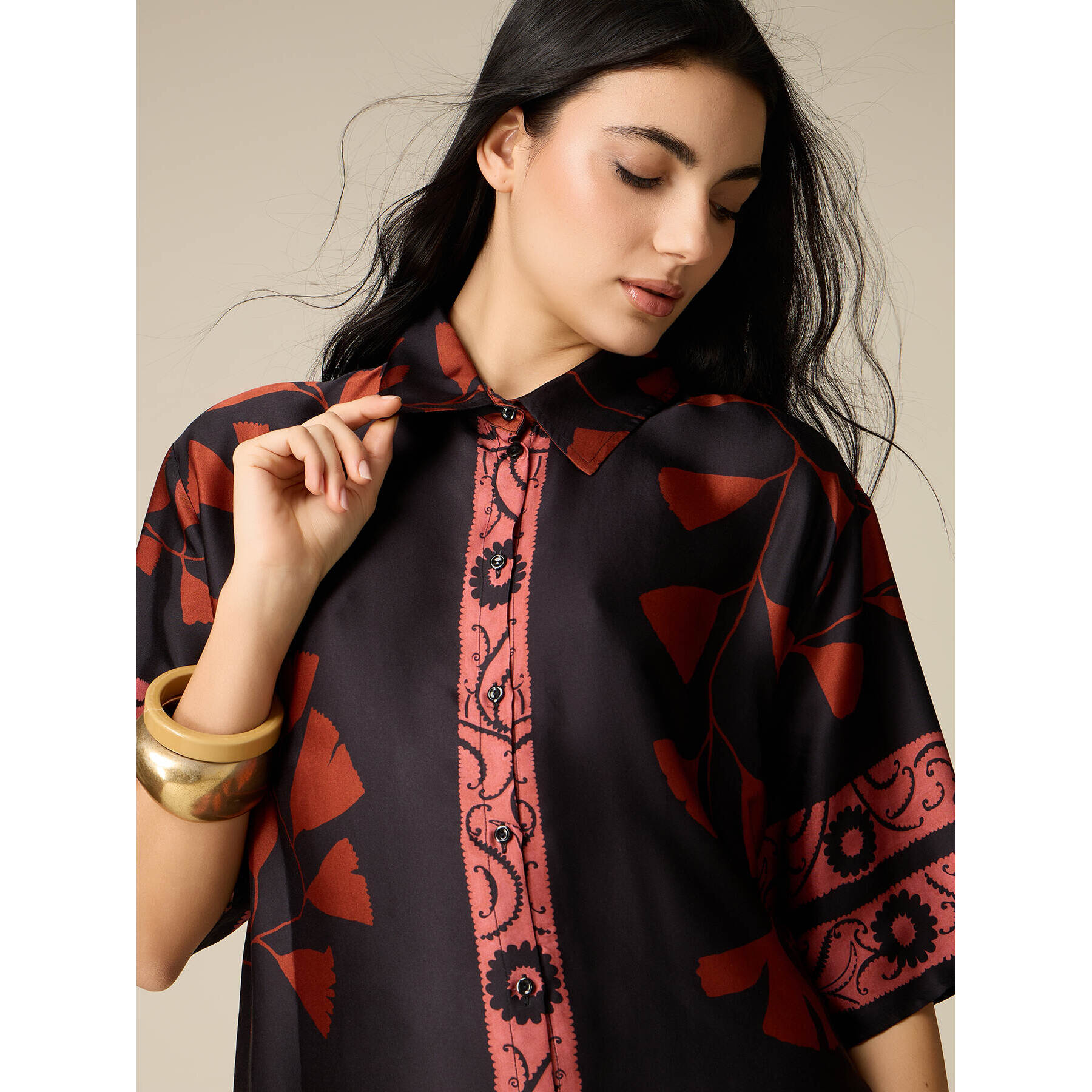 Oltre - Camicia in raso di viscosa fantasia - Nero