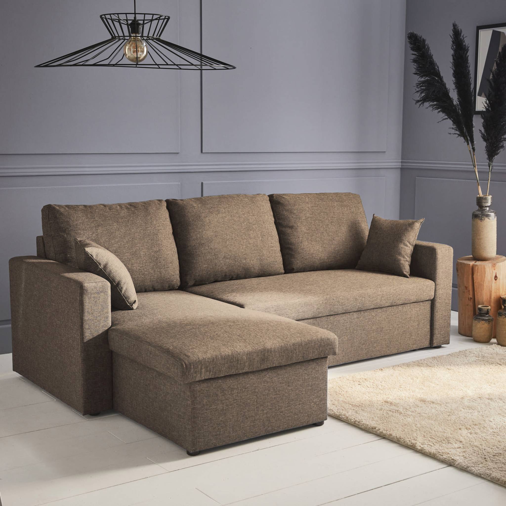 Canapé d'angle convertible en tissu marron - IDA - 3 places. fauteuil d'angle réversible coffre rangement lit modulable