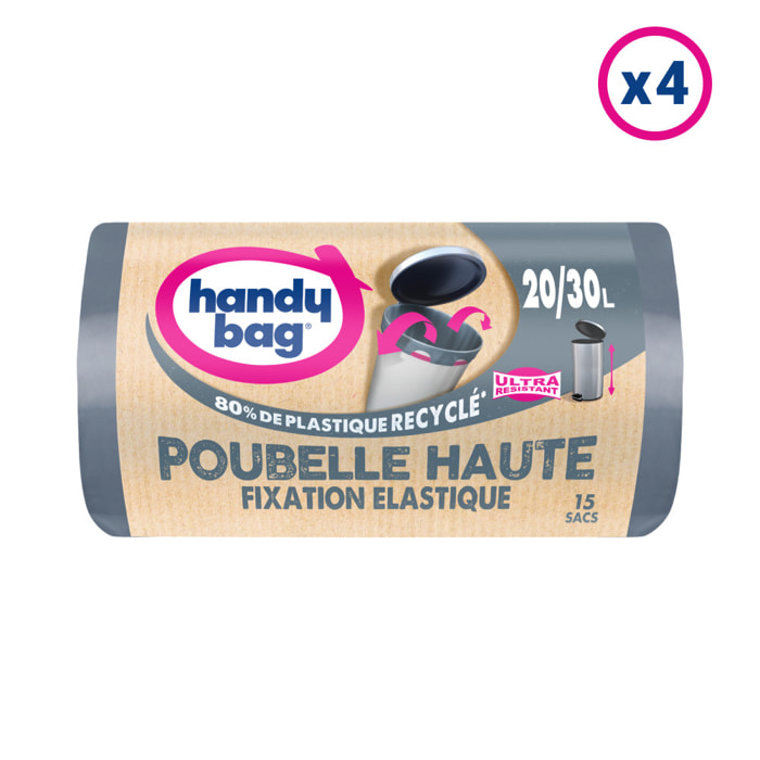 4x15 Sacs Poubelle 20/30L à Fixation Elastique pour Poubelles Hautes Handy-Bag - 80% de plastique recyclé