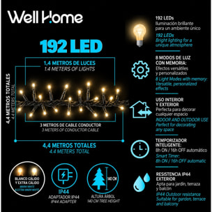 Guirnalda de 192 Luces LED Blanco cálido y extra cálido con Controlador de 8 funciones y Temporizador - 1,4 metros