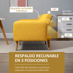 Sofá Cama de 2 Plazas Tela con Respaldo Ajustable en 3 Posiciones Reposabrazos Desmontables y Patas de Madera Sofá Doble Moderno para Salón Oficina 173x75x73 cm Amarillo