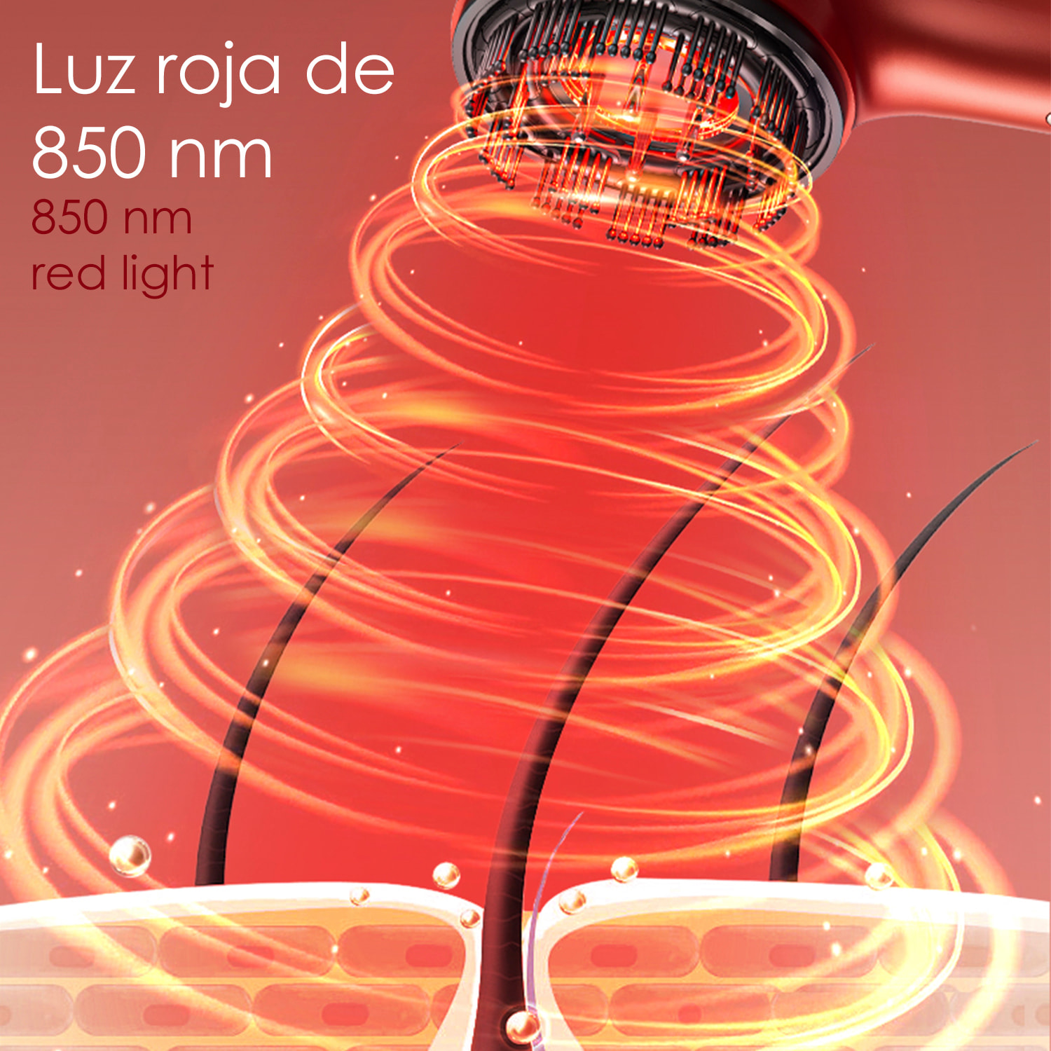 Peine de cuidado capilar con tratamiento de luz roja 850nm. Masajeador del cuero cabelludo.