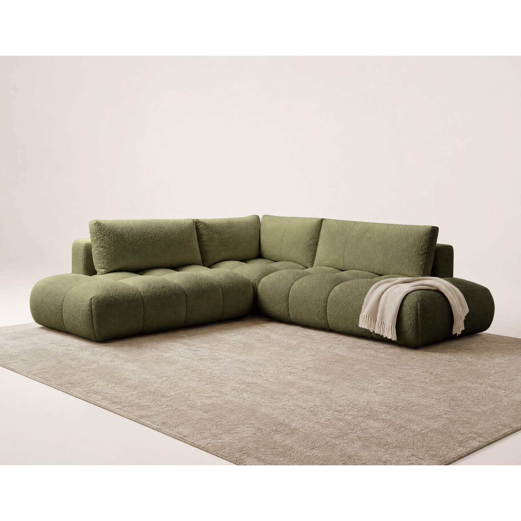 Yulin - Canapé d'angle L 5 places convertible avec coffre en tissu bouclette - Vert