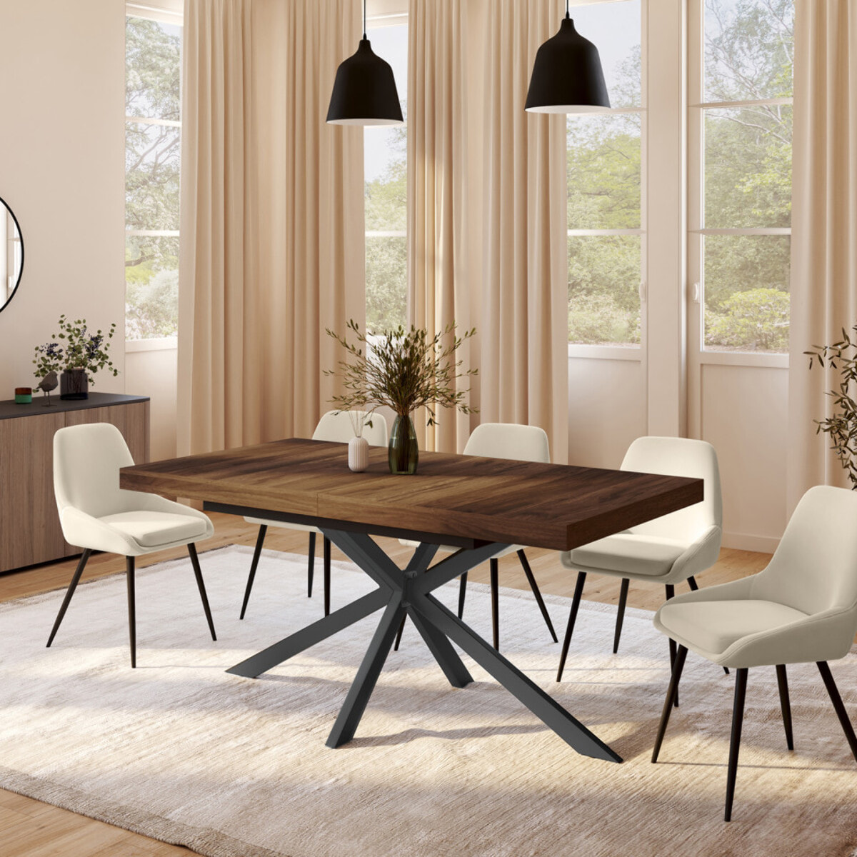 Tables repas extensibles Spider plateau bois et pieds croisés - Bois noyer