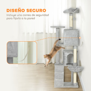 Árbol Rascador para Gatos, Árbol para Gatos 160 cm, Torre Escalador con Múltiples Plataformas, Cama, 2 Cuevas, Hamaca, Escalera, Postes de Sisal, Bolas para Jugar, Gris Claro