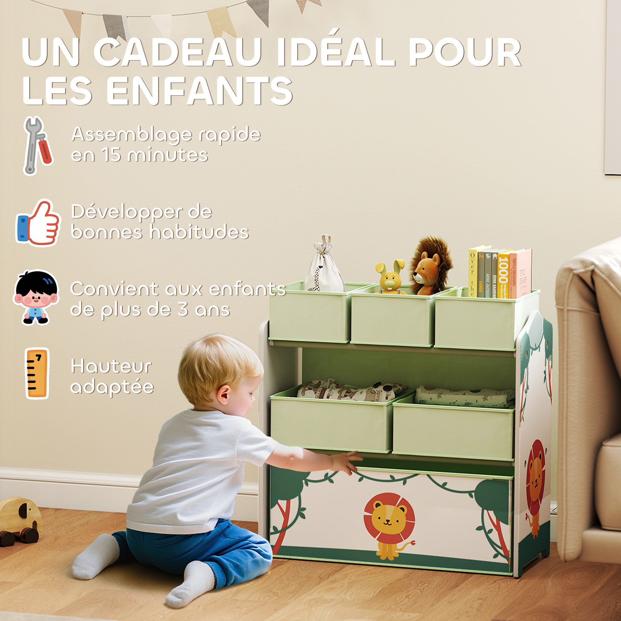 Étagère de rangement enfant design lion - 6 tiroirs en tissu - MDF - vert