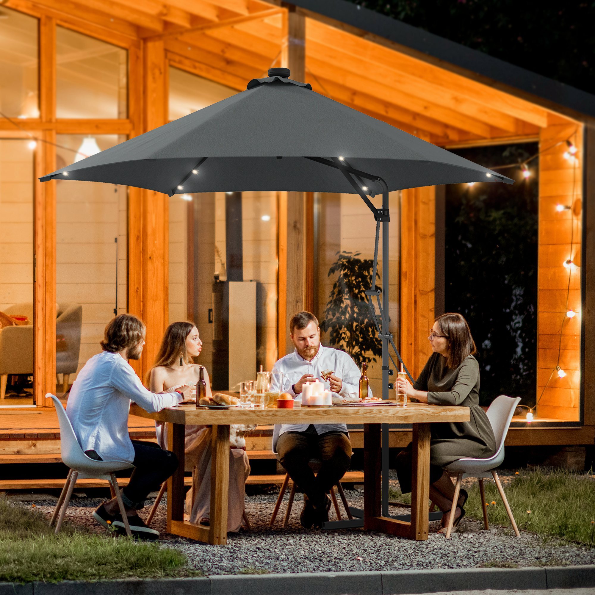 Sombrilla Voladiza de 3 m con Luces LED Sombrilla de Jardín con Manivela y Base Cruzada Parasol Excéntrico para Exterior Patio Terraza Gris Oscuro
