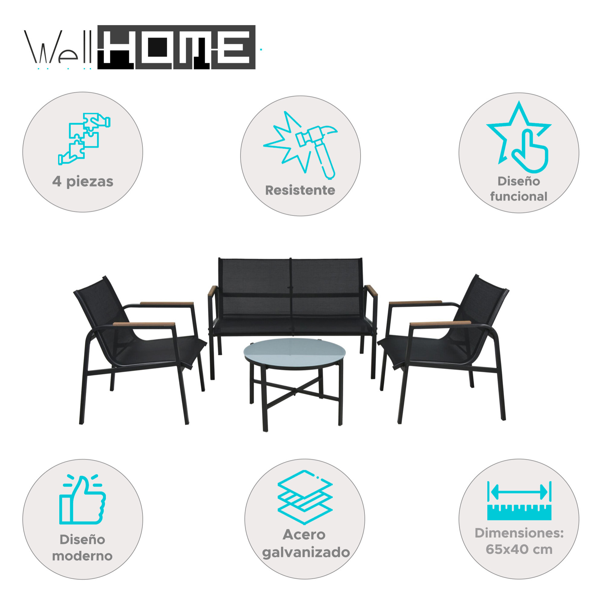 Well Home Conjunto de Muebles de Jardín de 4 Piezas de diseño en acero galvanizado y vidrio acabado de Mármol