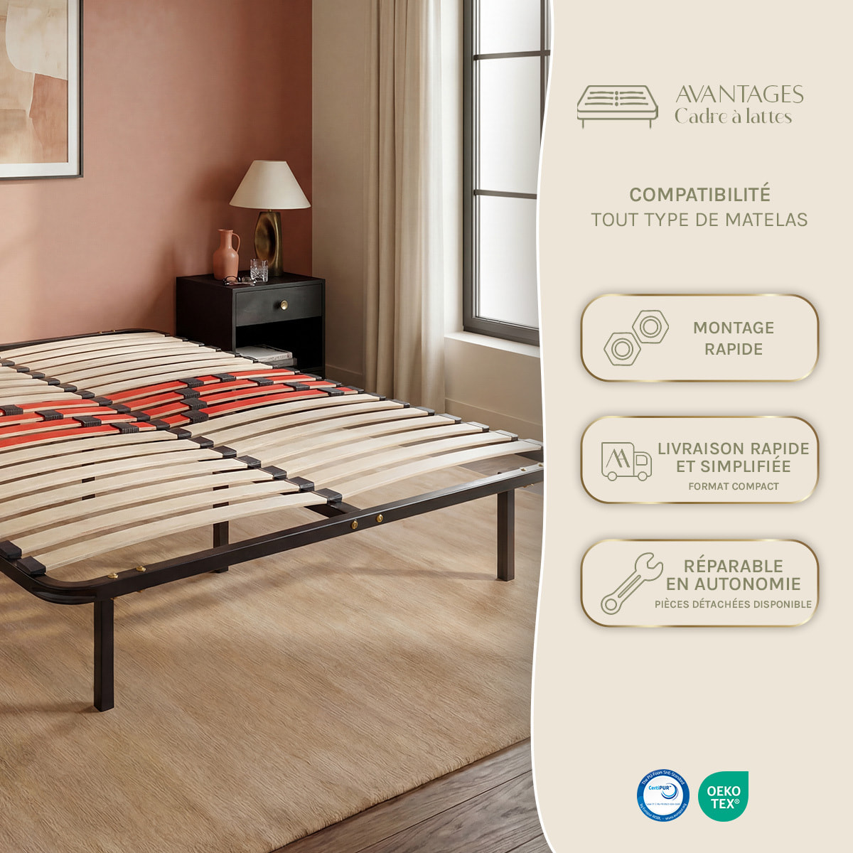 Ensemble Matelas Hybride Aubertin & Sommier Cadre Métal, Ressorts Ensachés & Mémoire de Forme, 24 cm, Soutien Ferme