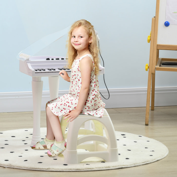 Jouet musical piano électronique - tabouret, micro et support - clavier 37 touches, effet lumineux, nombreux modes - PP blanc