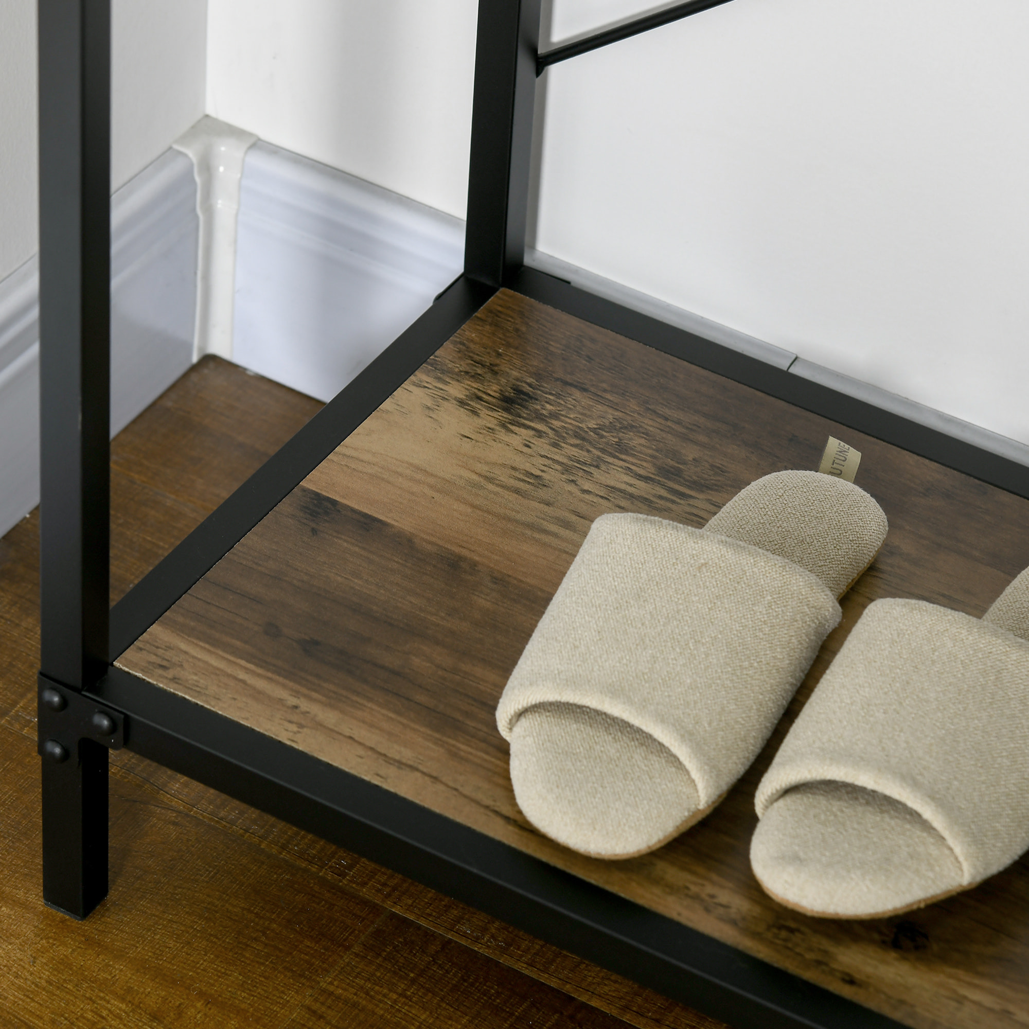 Console table d'appoint design industriel 3 tiroirs étagère acier noir panneaux particules aspect bois vieilli