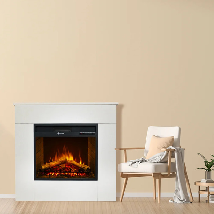 Michelangelo - Camino Elettrico da Terra con Effetto Fiamma 96x90x35 cm In Legno Bianco