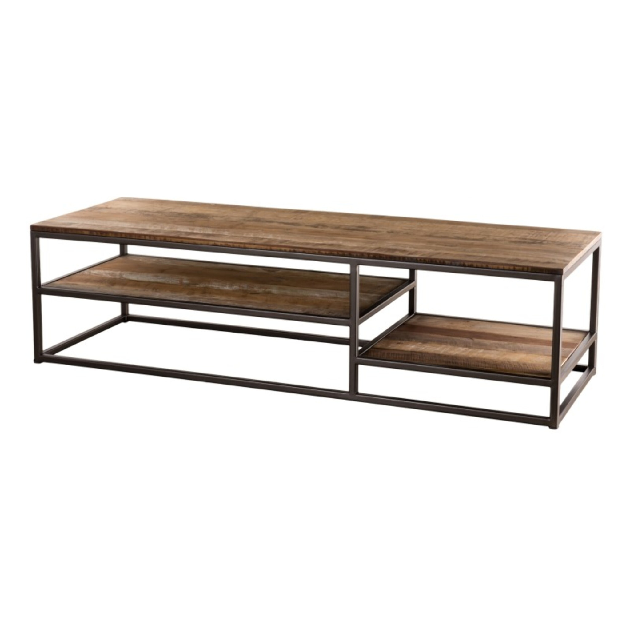SIXTINE - Table basse rectangulaire marron avec tablettes Teck recyclé Acacia Mahogany recyclé et métal noir