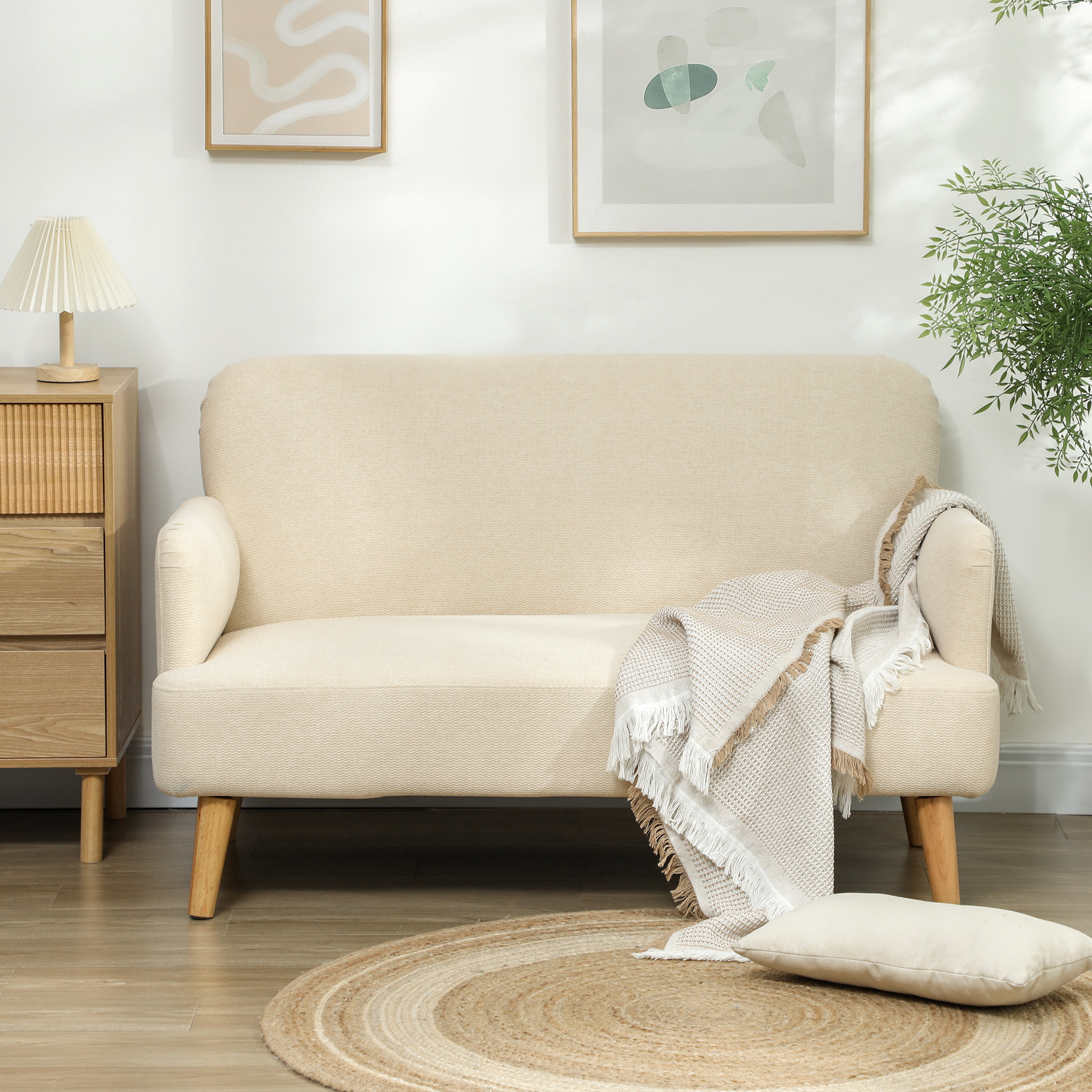 Canapé 2 places style scandinave - canapé droit fixe - piètement bois hévéa tissu beige