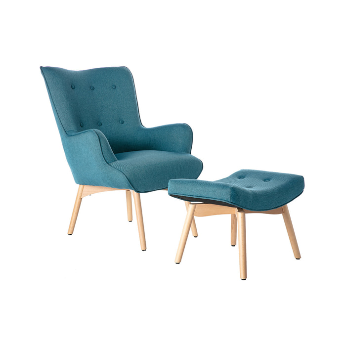 Fauteuil avec repose-pieds scandinave en tissu bleu canard et bois clair BRISTOL