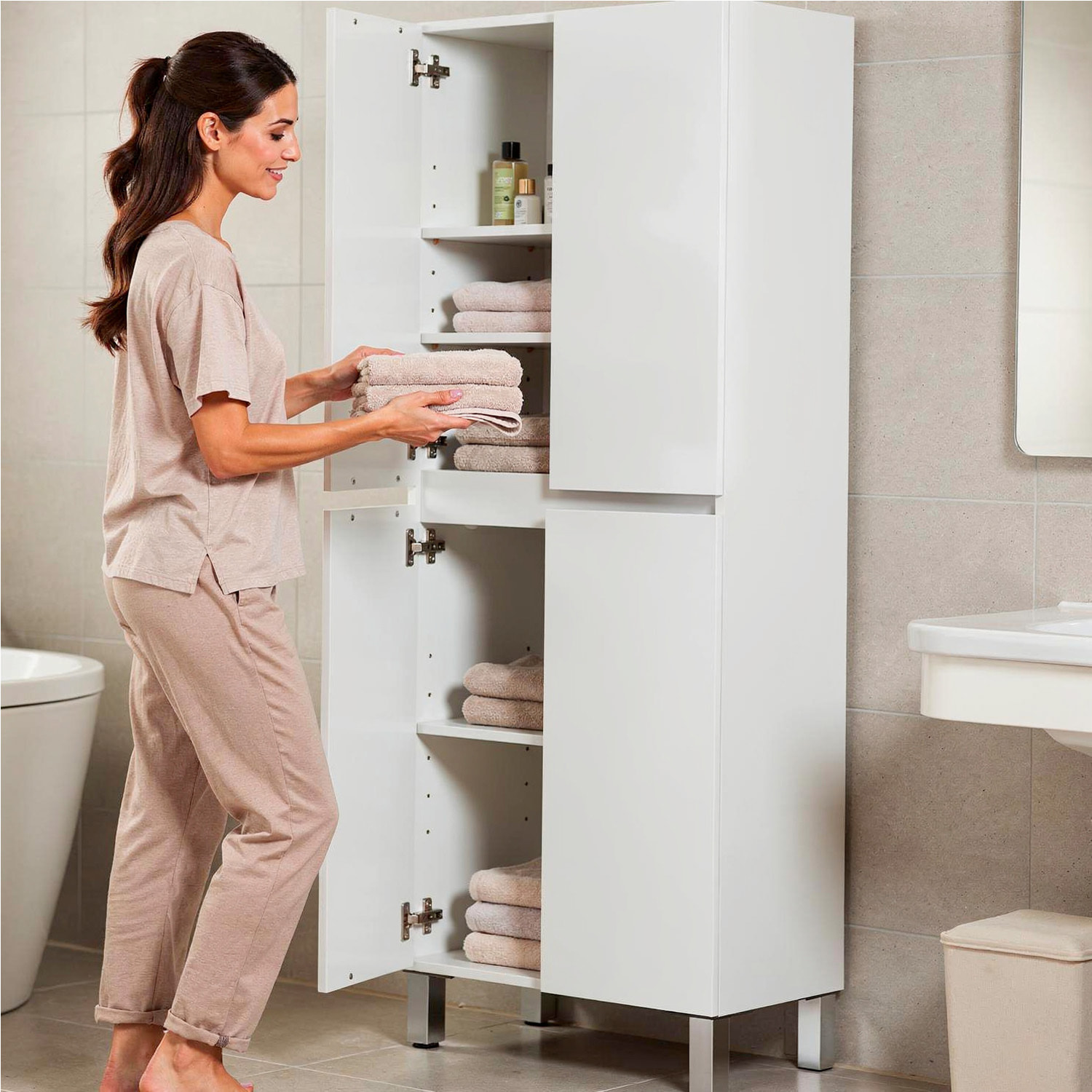 Colonna Bagno 4 Ante Con Ripiani Regolabili Mobile Alto Salvaspazio Design Moderno Bagno Lavanderia Ripostiglio 182 x 60 x 35 Cm Colore Bianco