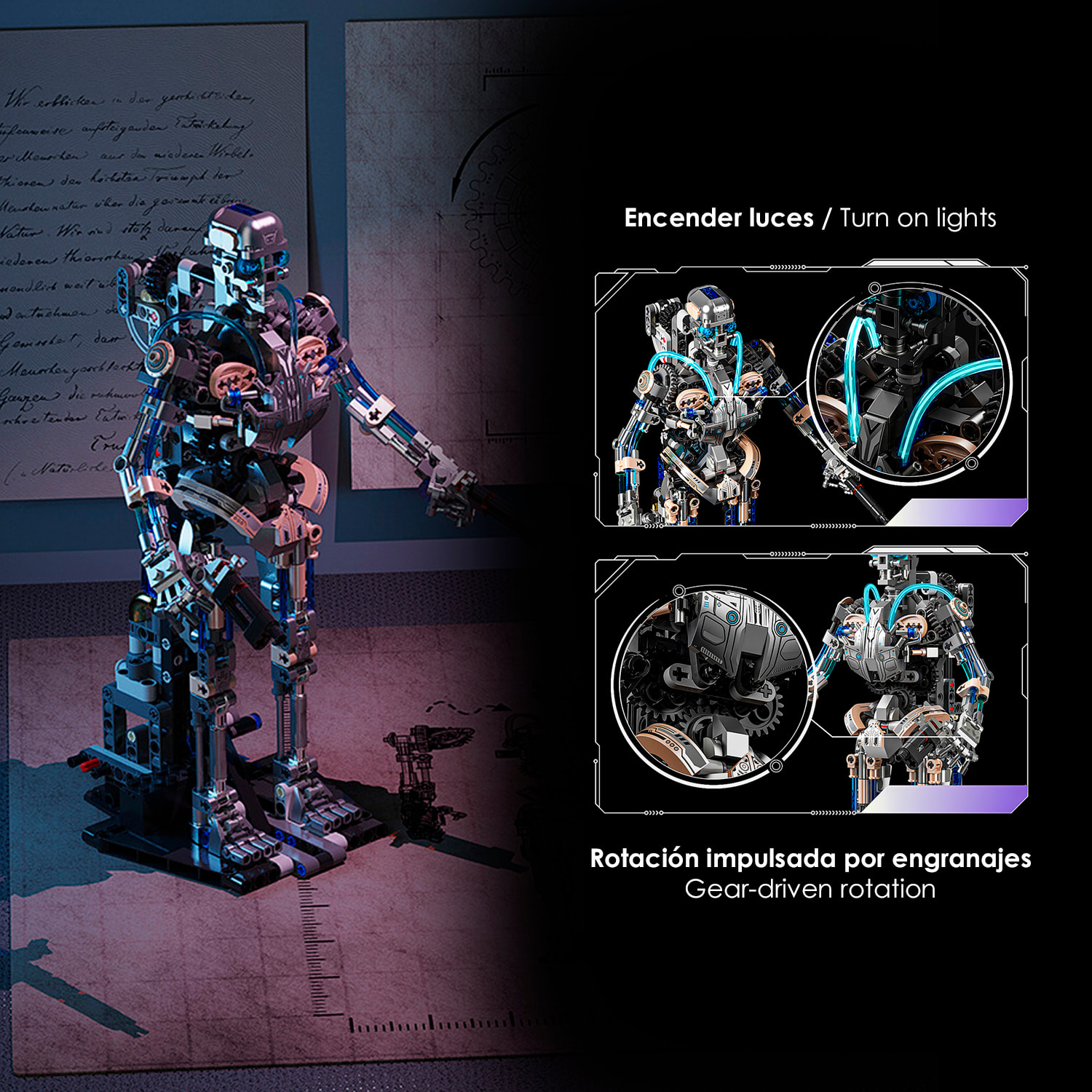 Maqueta 3D mecanizada de esqueleto con 692 piezas, equipada con luces y mecanismo de manivela que permite movimiento dinámico.