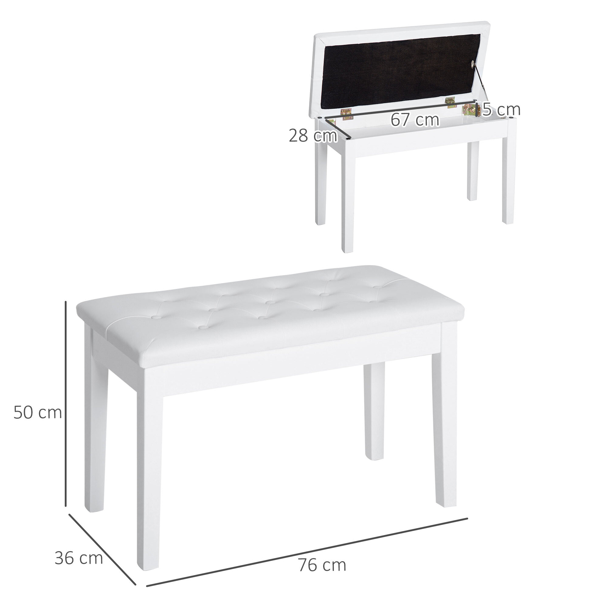 Banco de Piano con Almacenamiento, Banqueta de Piano con Asiento de Cuero Sintético, Patas de Madera, Carga Máxima 200 kg, 76x36x50 cm, Blanco