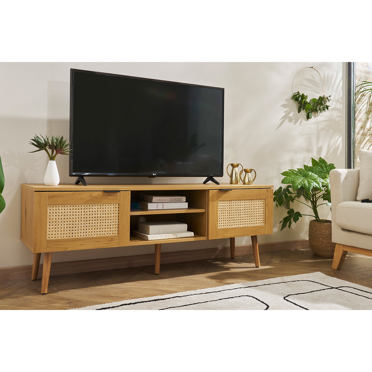 Meuble TV finition bois clair, cannage rotin et métal noir 2 portes L140 cm MANILLE