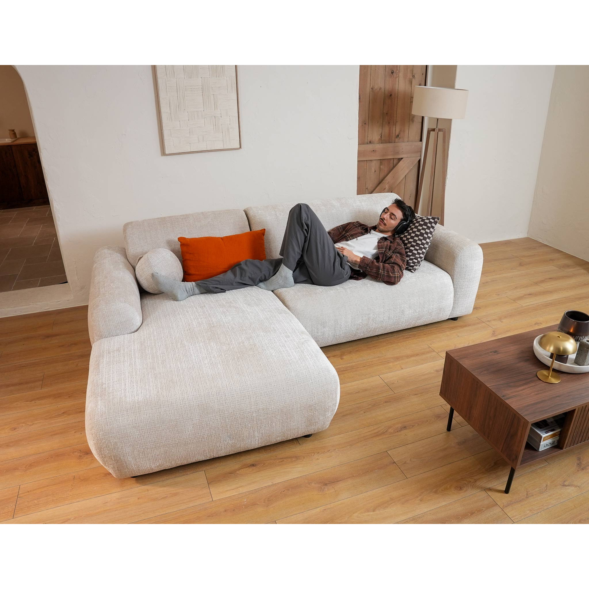 Louise - Canapé d'angle gauche 4 places en velours texturé - Beige