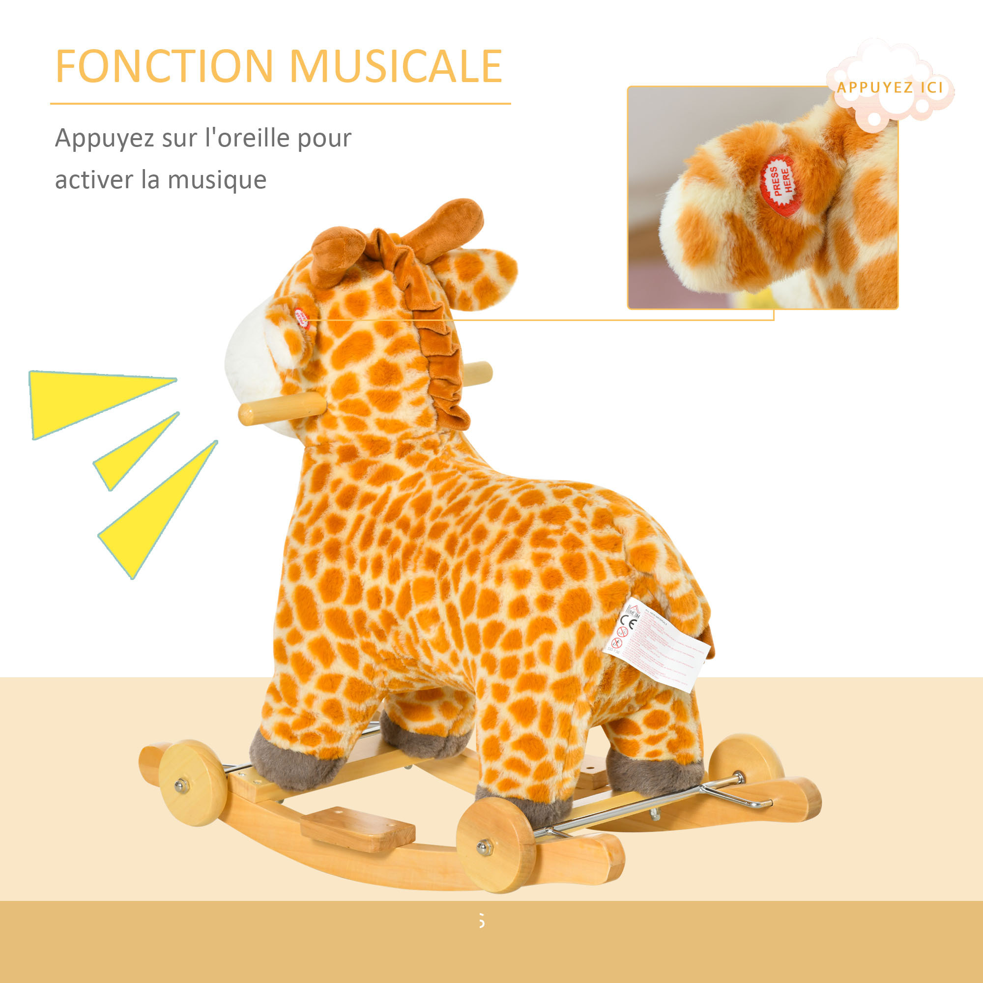 Jouet à bascule girafe et porteur sur roulettes 2 en 1 fonction sonore mugissement  bois peuplier peluche courte polyester tacheté