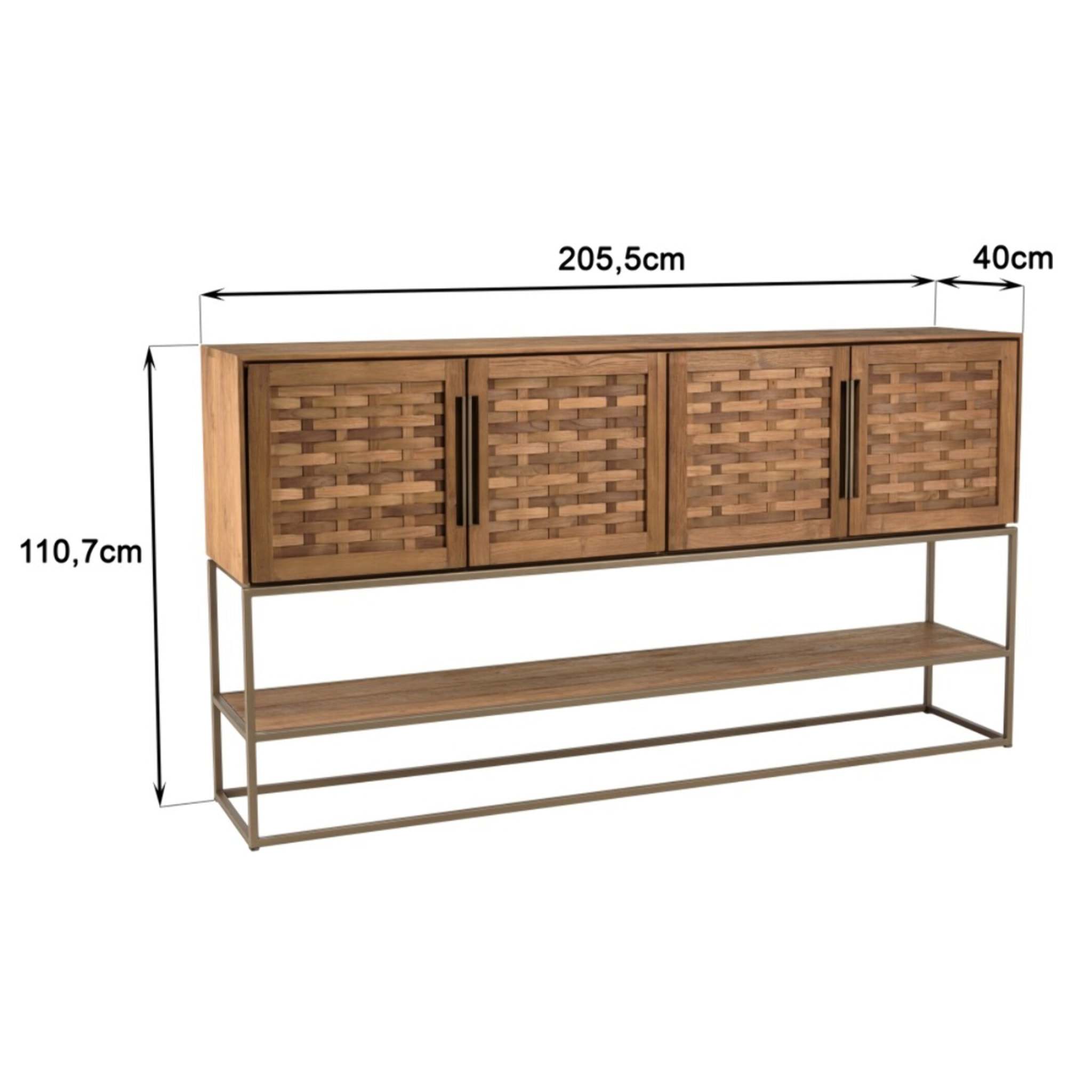 SIXTINE - Buffet en bois de teck recyclé 4 portes en tissage de bambou