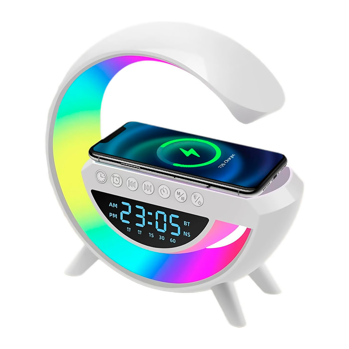 Altoparlante con caricatore wireless da 15W, 13 modalità diverse di illuminazione LED, funzione radio, ingressi per scheda TF e USB.