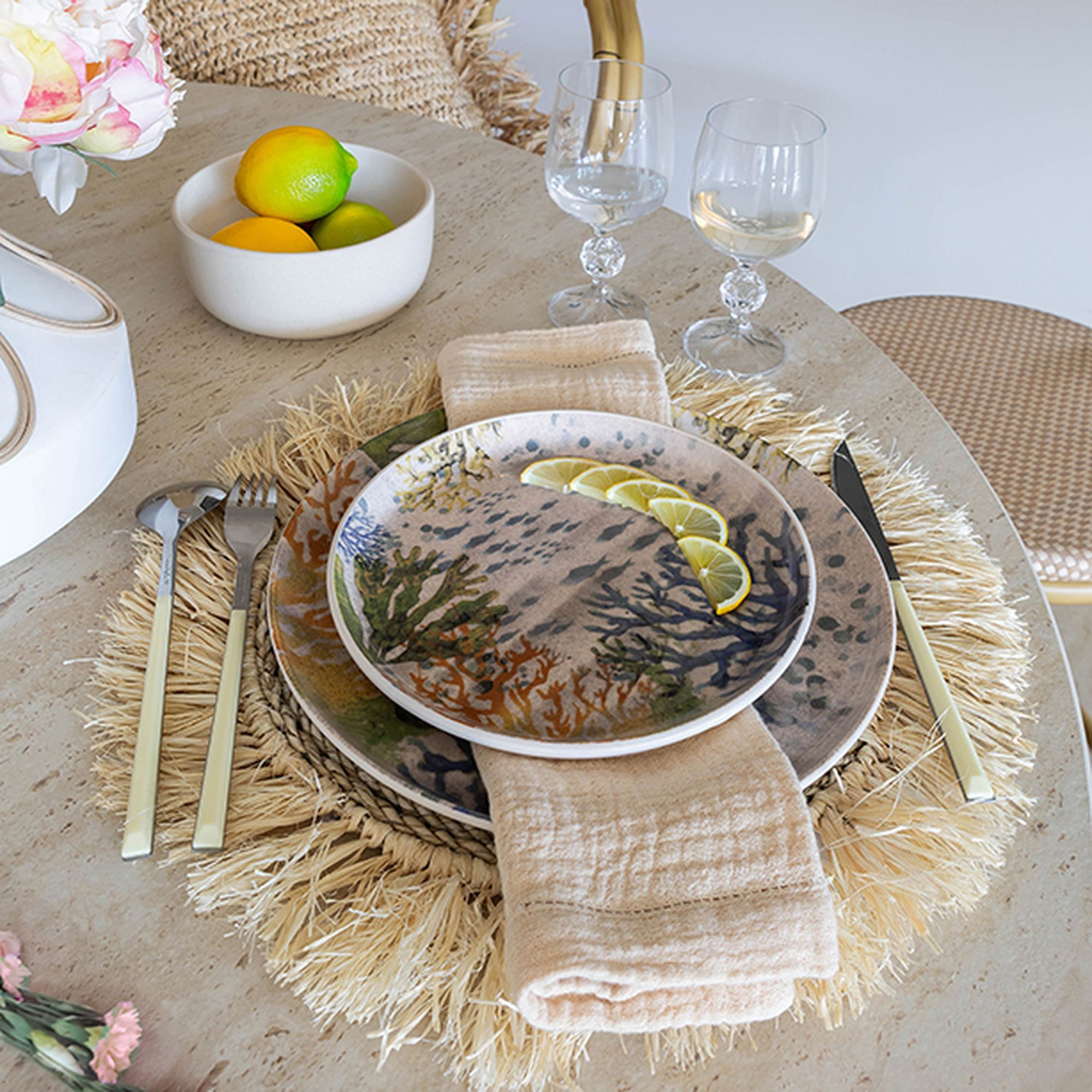 Service de table 48 pièces en grès motif aquatique CORFOU