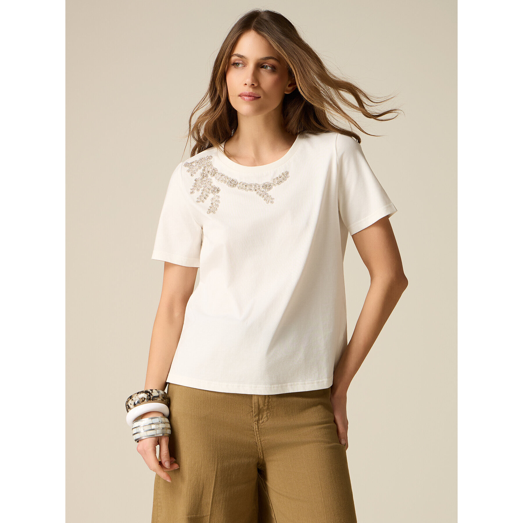 Oltre - Camiseta de algodón con bordado de pedrería - Blanco