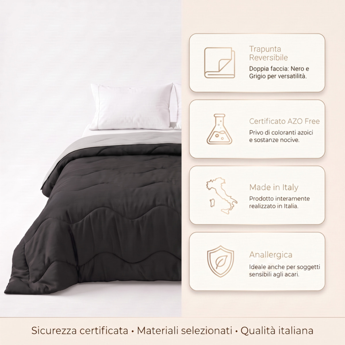 Trapunta invernale bicolor Made in Italy in microfibra di poliestere - Nero/Grigio