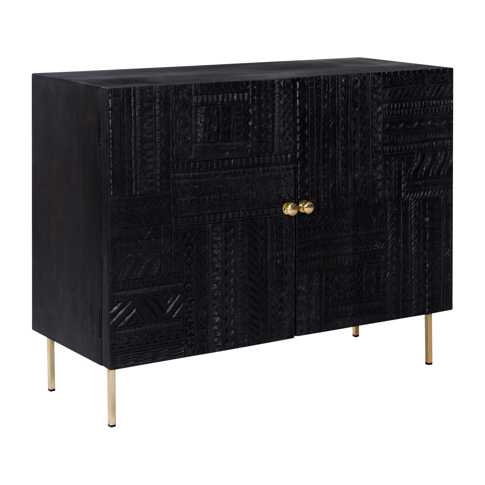 Commode 2 portes en bois gravé noir et métal doré - Chimane