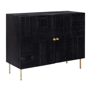 Commode 2 portes en bois gravé noir et métal doré - Chimane