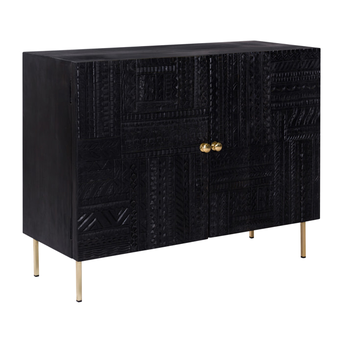 Commode 2 portes en bois gravé noir et métal doré - Chimane