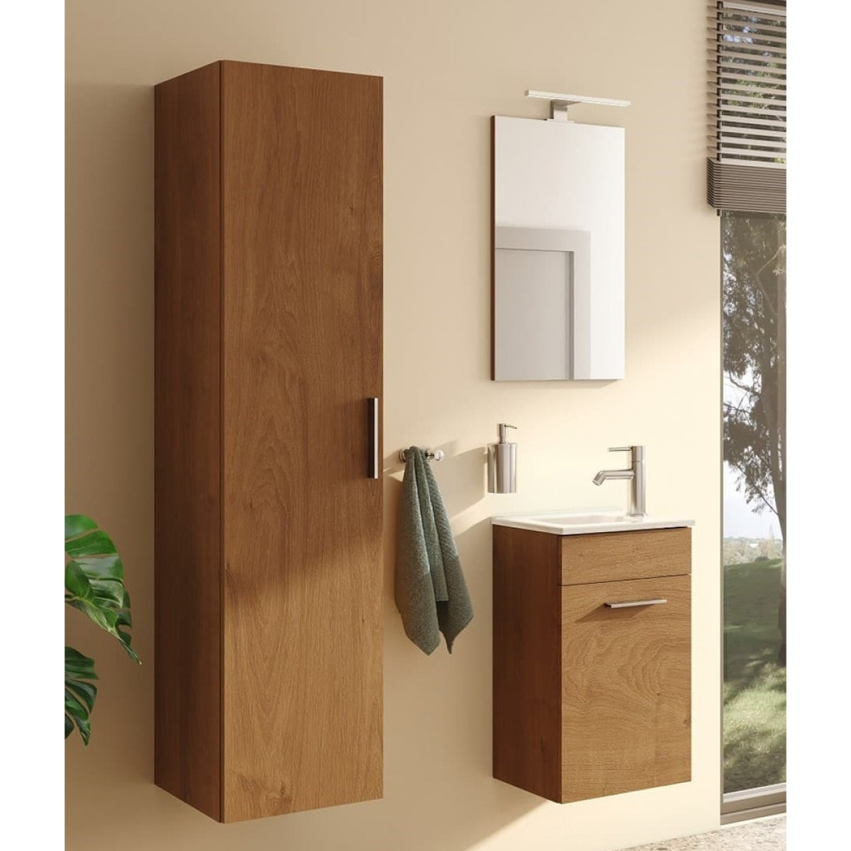 Mia ensemble meuble 39x61x28 cm avec miroir, lavabo et éclairage LED, chêne (MIASET40D)