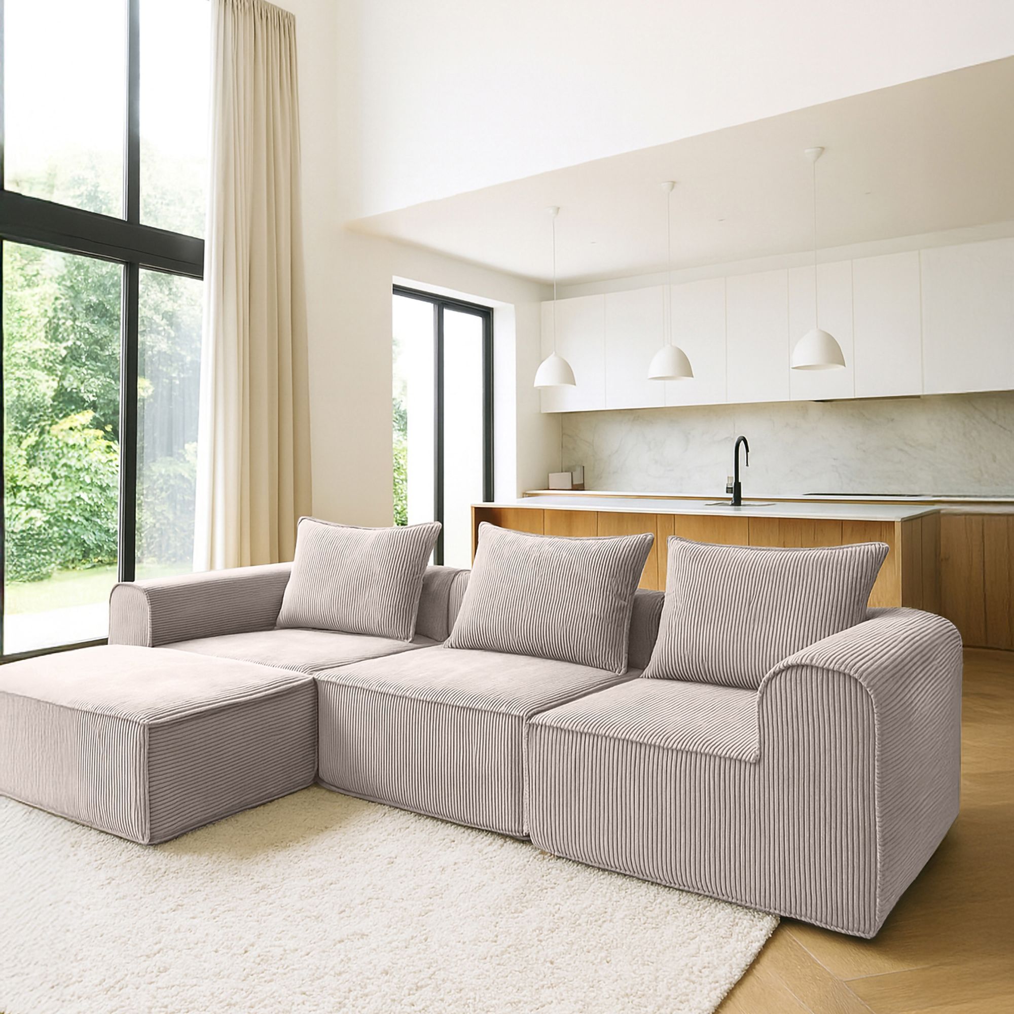Canapé d'angle compressé en velours cotelé taupe 4 places COCOON