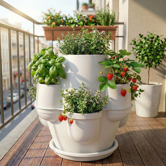 Oasi - Fioriera Da Giardino 80x80x80 Cm Con 6 Tasche Perimetrali E Sottovaso Bianco