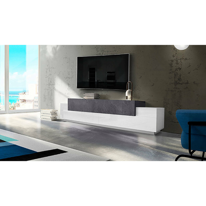 Mobile porta TV Tiche, Credenza bassa da soggiorno, Base porta televisione, 100% Made in Italy, cm 240x45h52, Bianco lucido e Ardesia