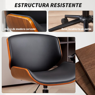 Silla de Oficina sin Brazos Silla de Escritorio Vintage Giratoria Tapizada en PU Madera Curvada Altura Ajustable Respaldo Curvado Negro y Marrón
