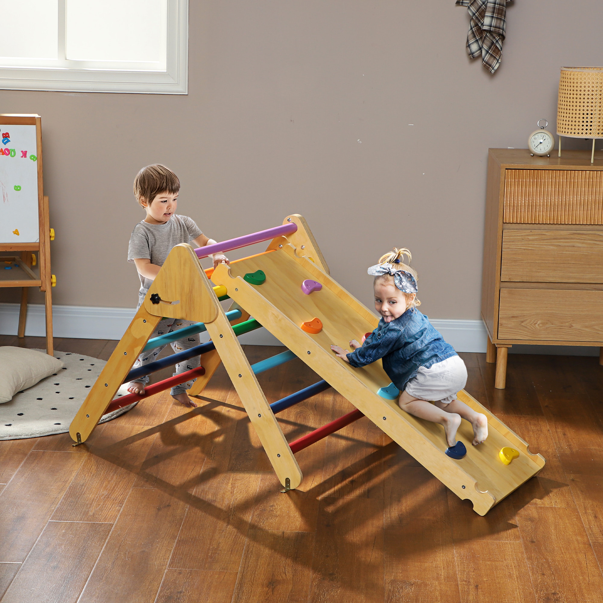 3 en 1 Triángulo de Escalada Montessori, Escalada para Niños de Madera Plegable, para18-48 Meses, con Rampa, para Deslizarse o Escalar, 147x64,5 cm, Multicolor