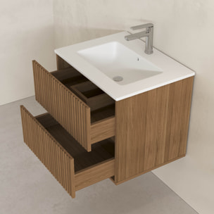 Meuble Salle de Bains YUKI 60 - 2 Tiroirs Décor Chêne et Noir - Vasque Blanche - Miroir LED 60