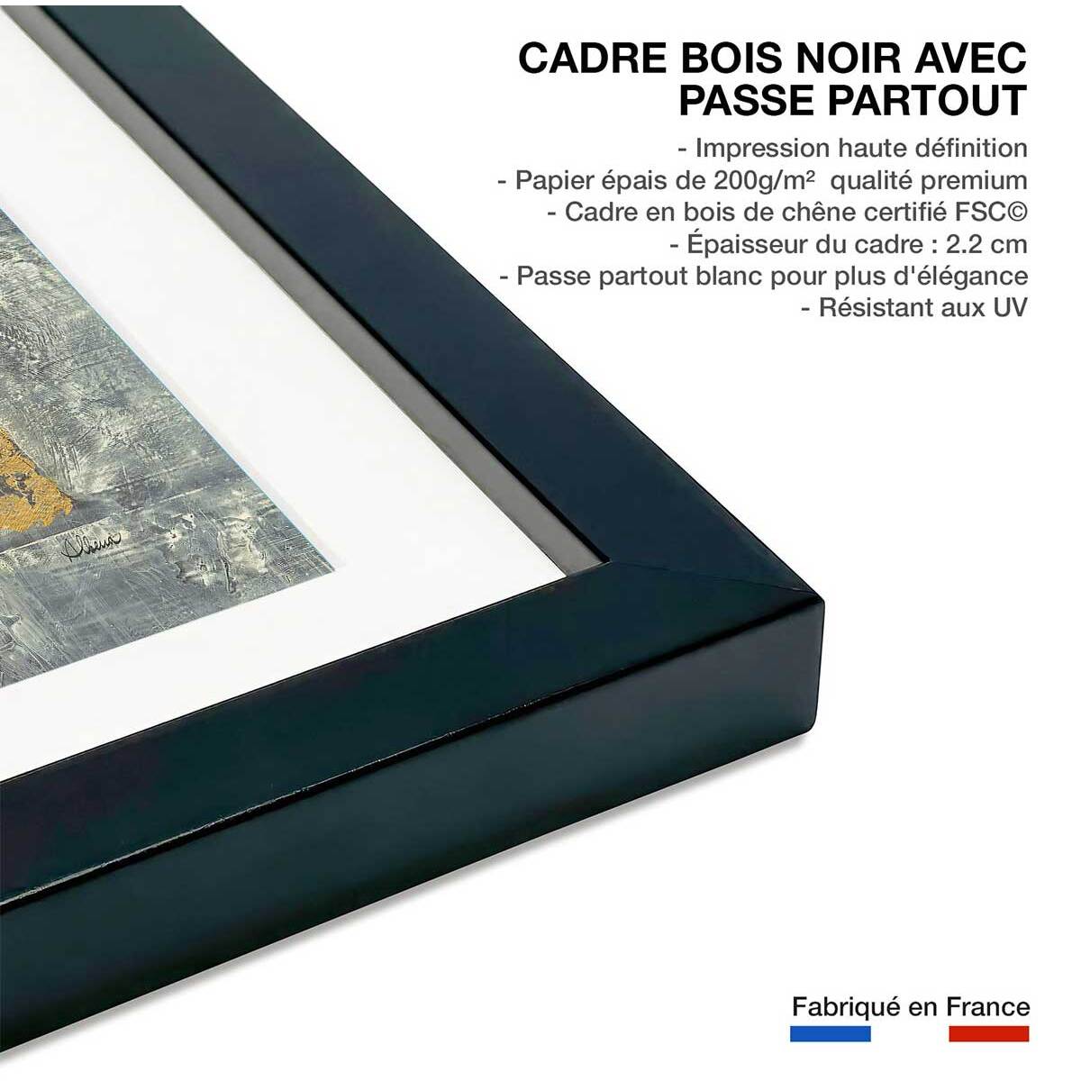 Affiche Abstrait d'or et de blanc Affiche + cadre en bois - Noir