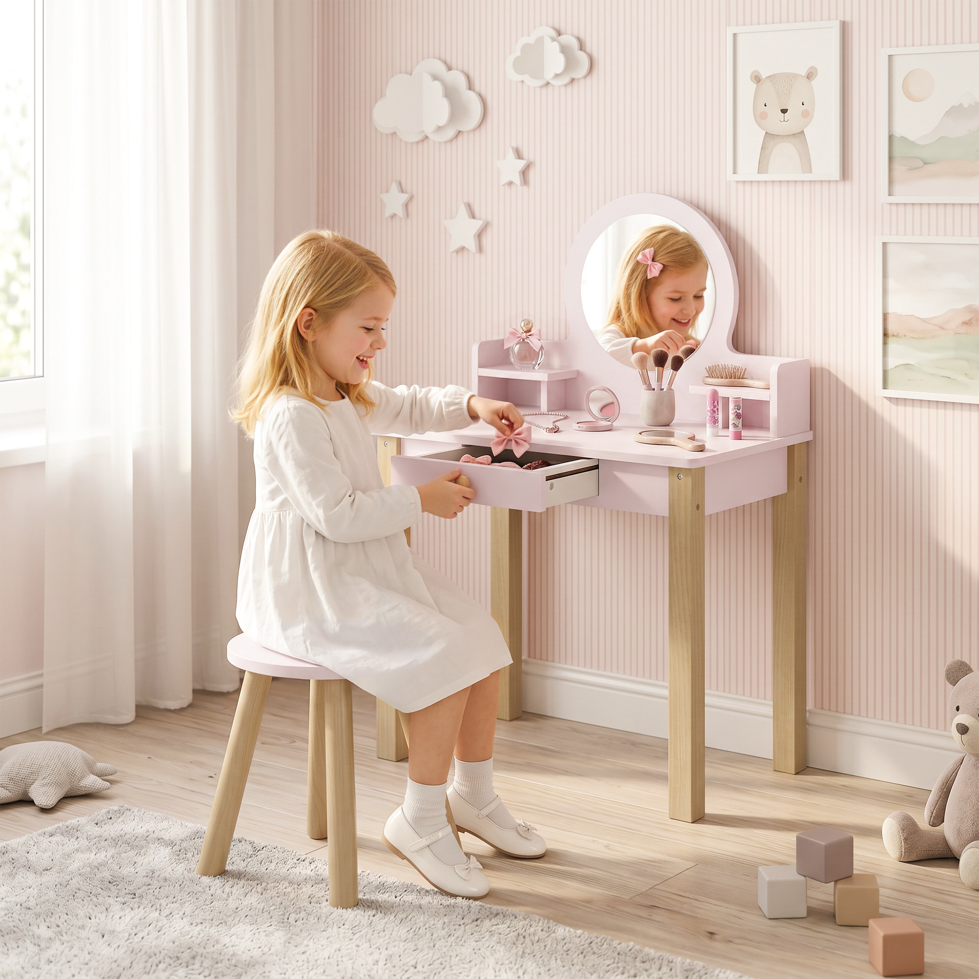 Tocador de Maquillaje Niña, Tocador Infantil con Taburete y Espejo, Cajón y 2 Estantes Abiertos, para Niños de 3 a 6 Años, Rosa